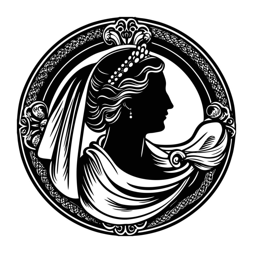 A silhouette of a regal woman with a tiara, draped in a flowing scarf, set in a highly detailed cameo frame inspired by the Rococo style vector
