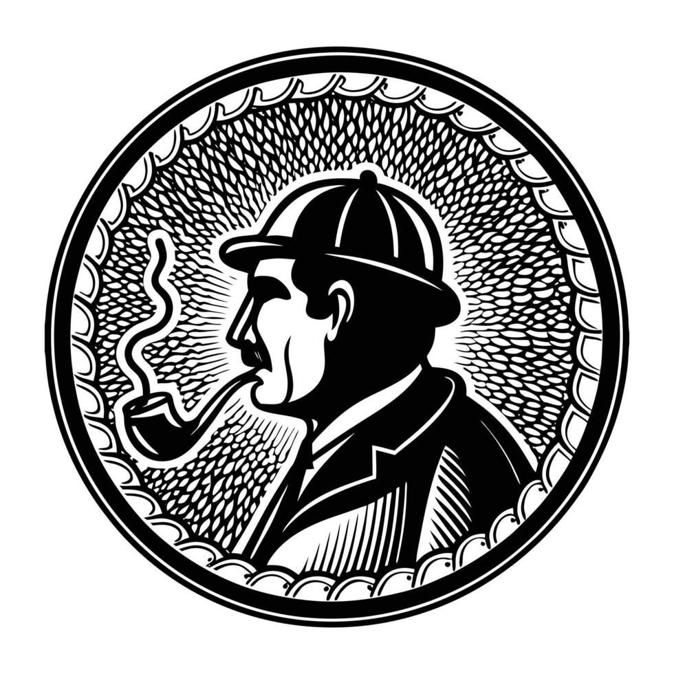 A detailed cameo silhouette of a man with a pipe, wearing a bowler hat, surrounded by a textured circular border vector