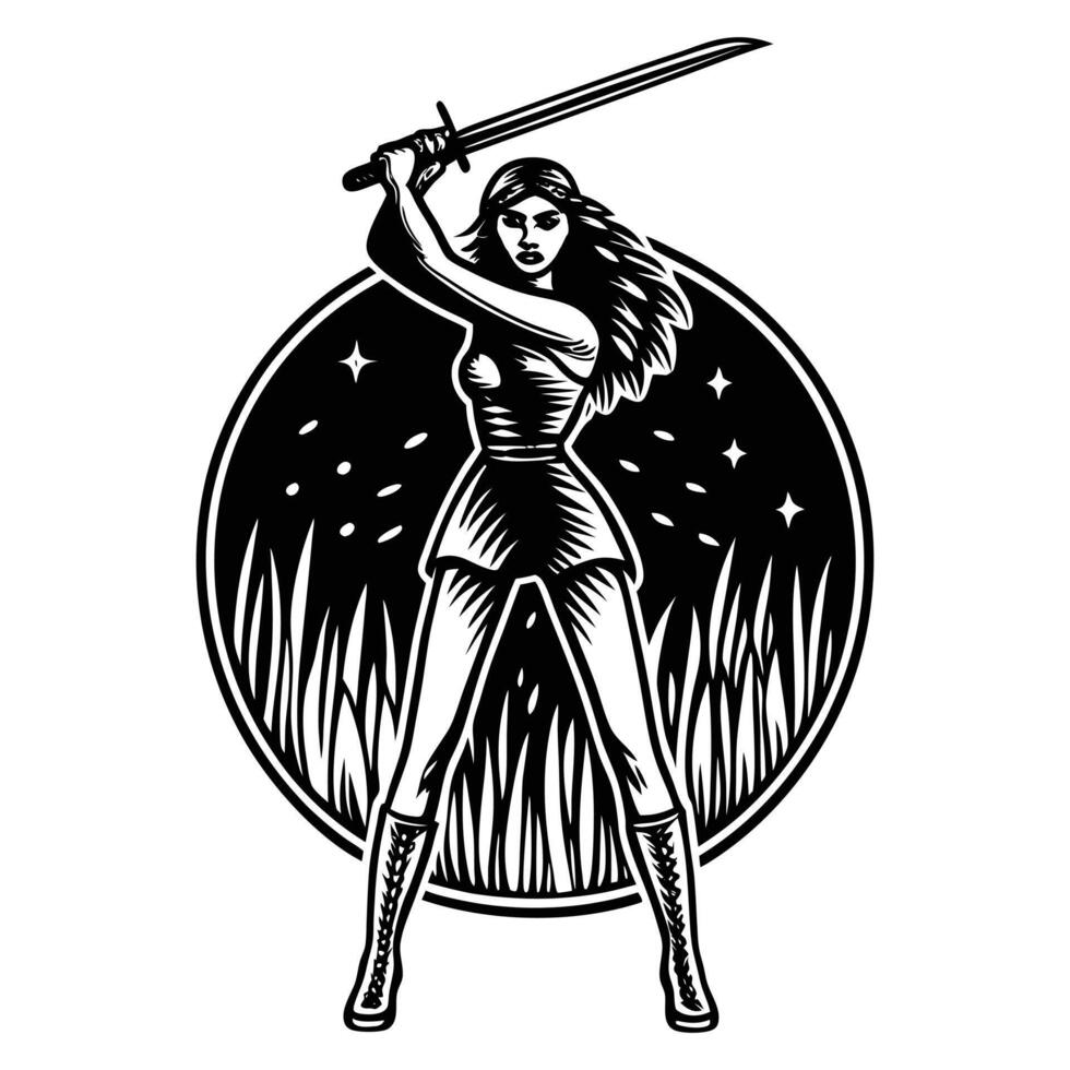 A silhouette of a woman holding a sword, with her legs apart and her stance fierce and ready vector