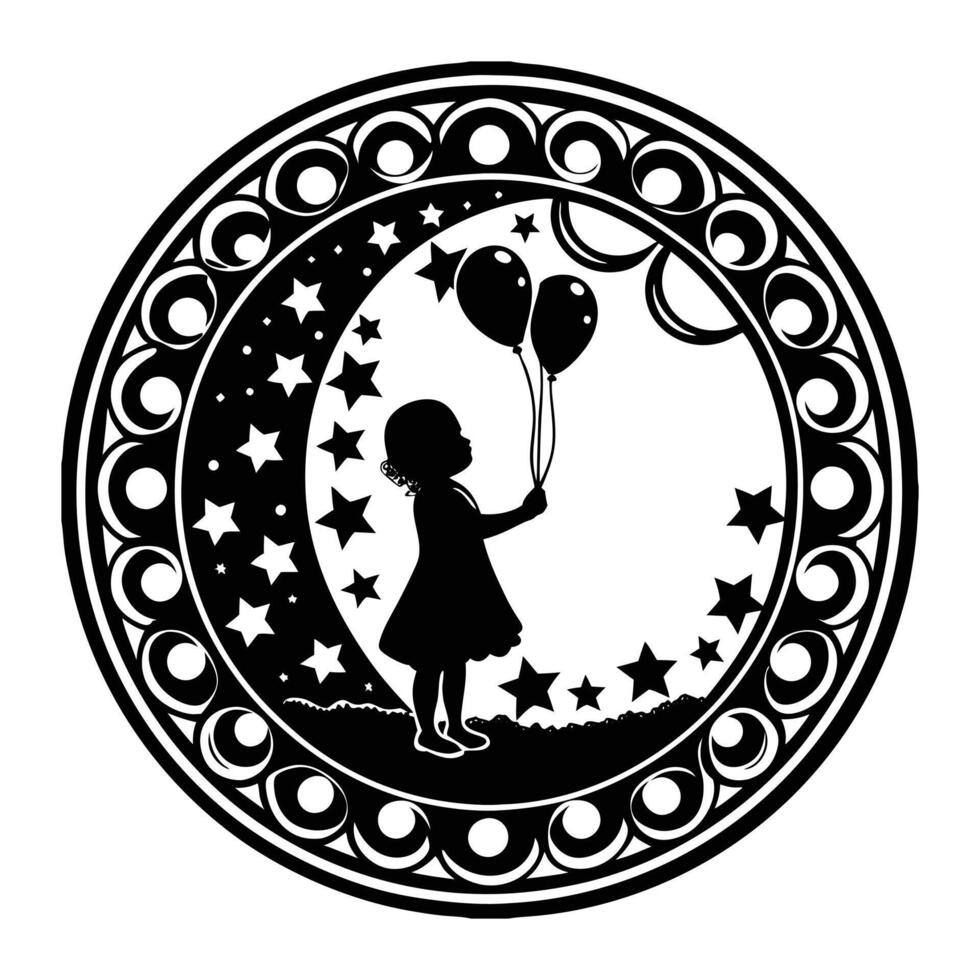 A silhouette cameo of a child holding a balloon, with soft contours and enclosed in a whimsical starry border vector