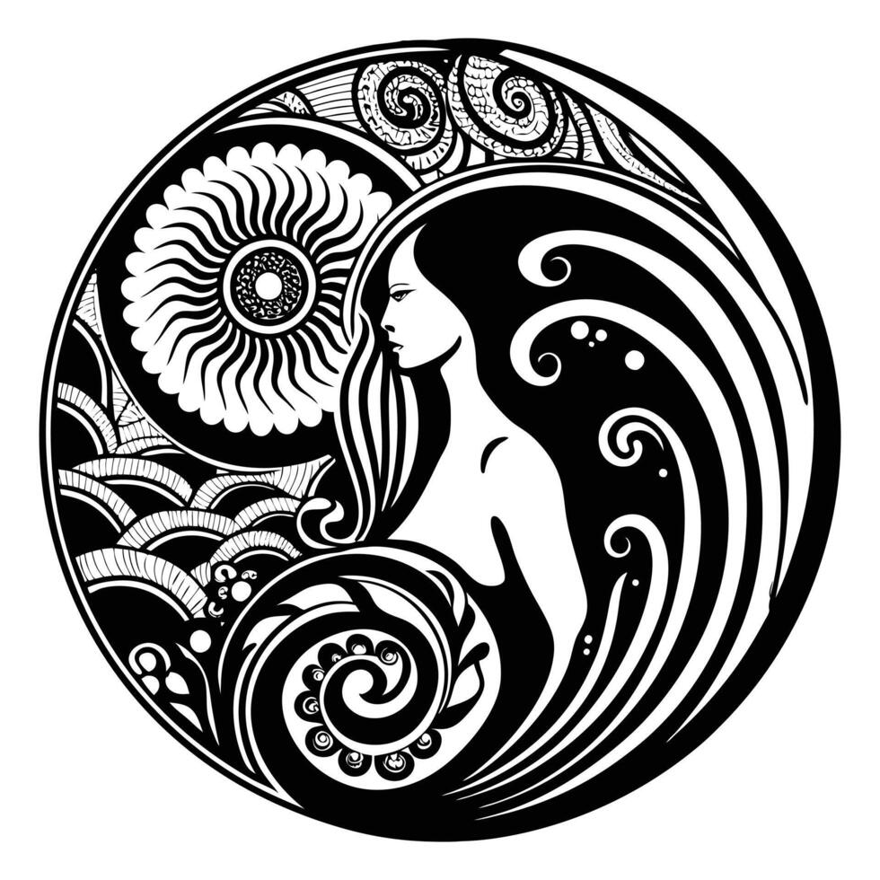 A silhouette of a woman with exaggerated, flowing curves, blending into abstract shapes and patterns around her vector