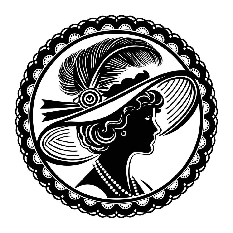 An elegant silhouette of a woman wearing a wide-brimmed hat decorated with feathers, enclosed in a cameo with a lace-like border vector