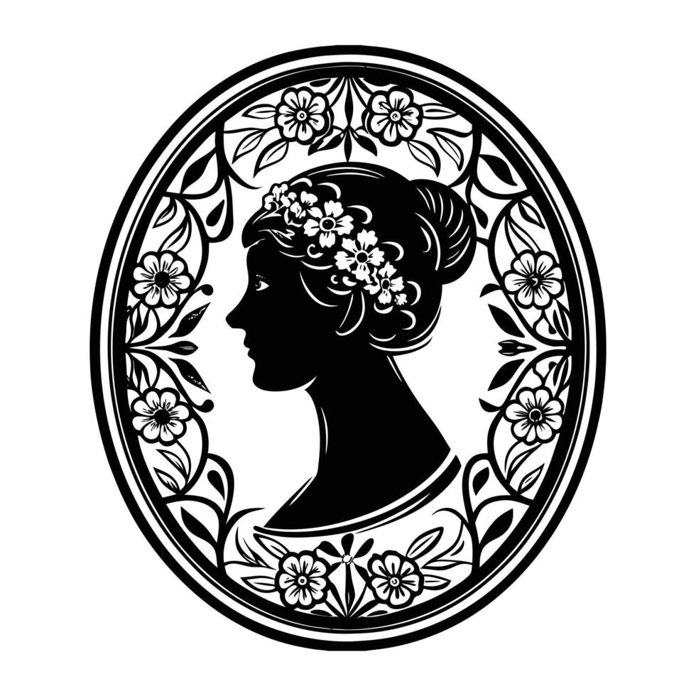 A cameo silhouette of a ballerina in profile, with her hair in a bun and a delicate floral crown, encased in a floral-patterned oval frame. vector
