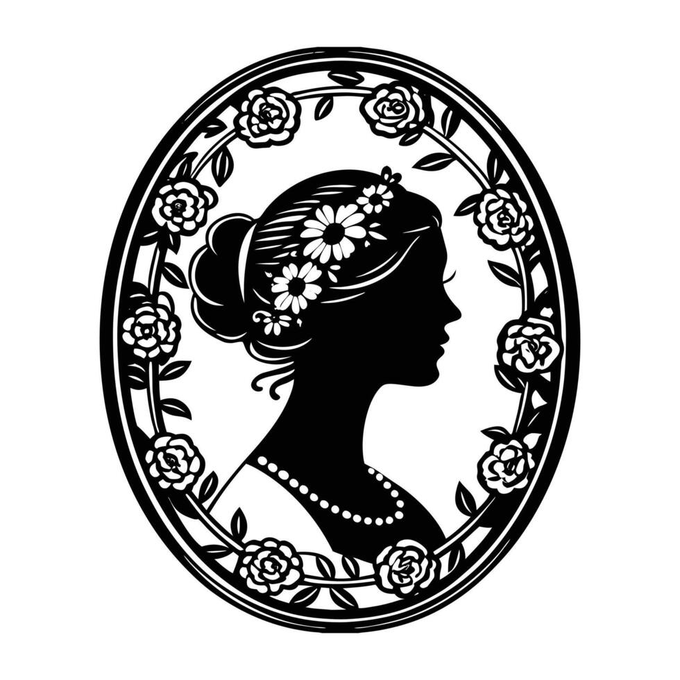 A cameo silhouette of a ballerina in profile, with her hair in a bun and a delicate floral crown, encased in a floral-patterned oval frame. vector