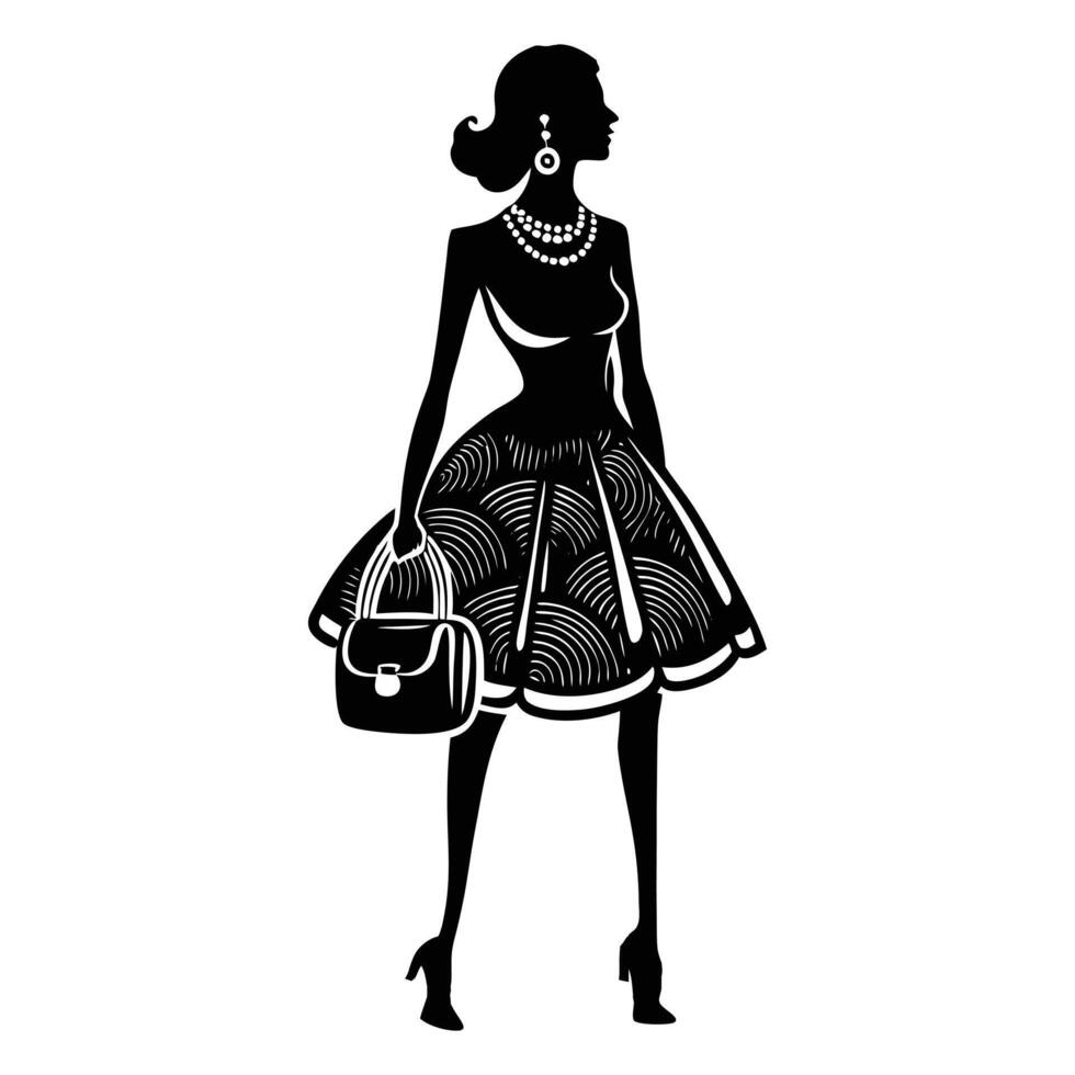 A dark silhouette of a fashionable woman dressed in a flared dress, accessorized with earrings and a small purse vector