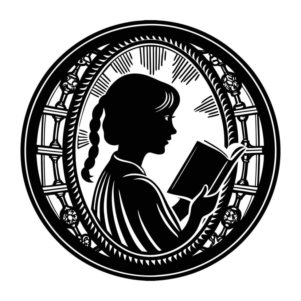 A cameo with a silhouette of a lady reading a book, her hair tied in a braid vector