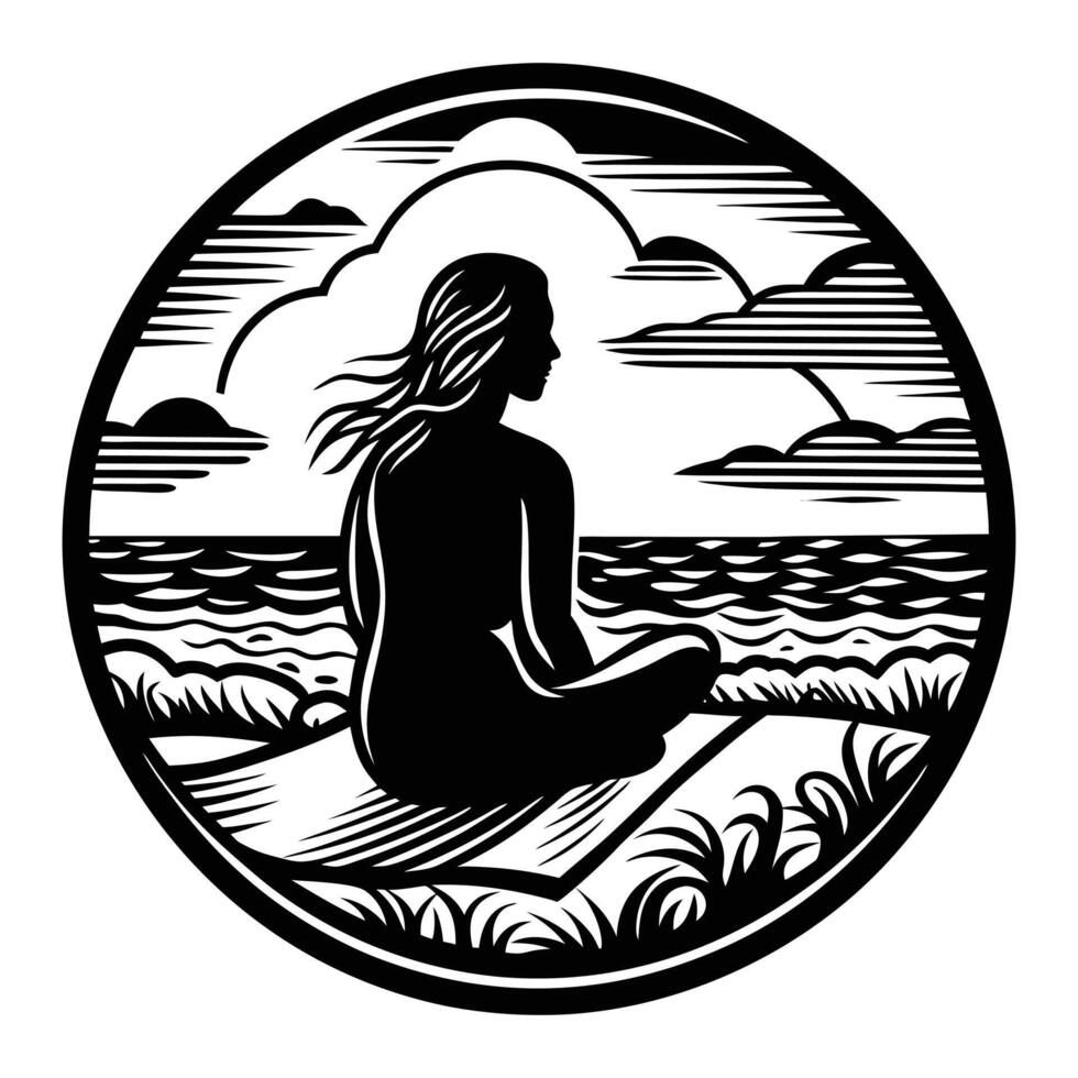 A silhouette of a woman sitting cross-legged on the beach, gazing out at the horizon, with windswept hair vector