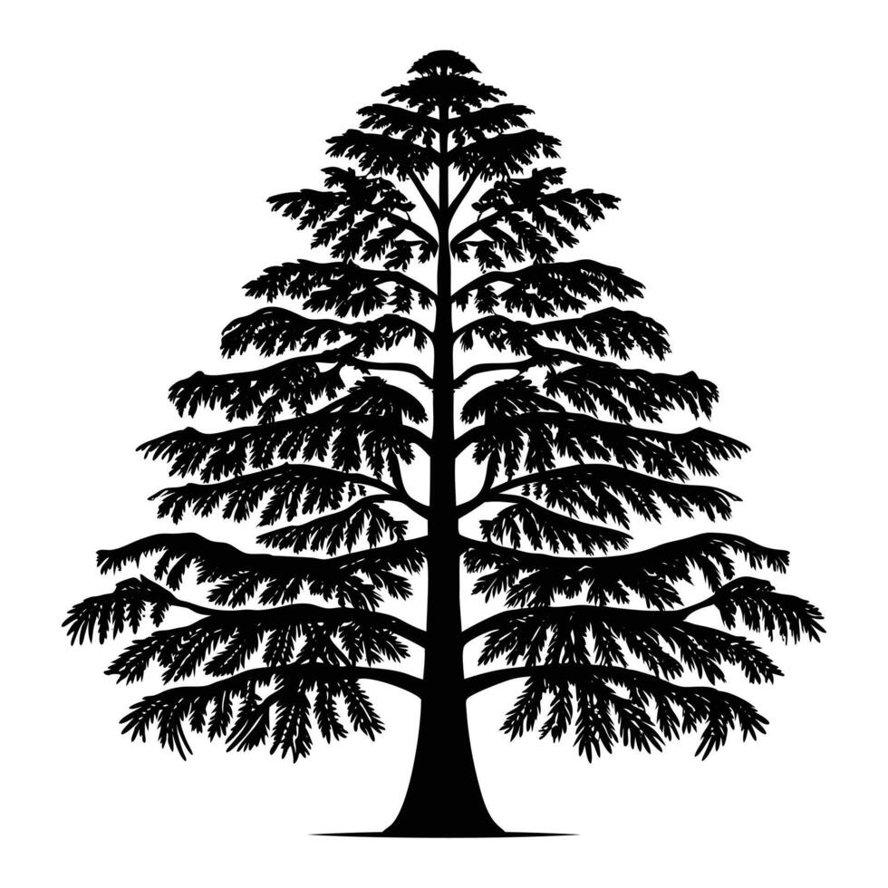 A tall black silhouette of a pine tree with a slender trunk and layered, triangular branches tapering toward the top. vector