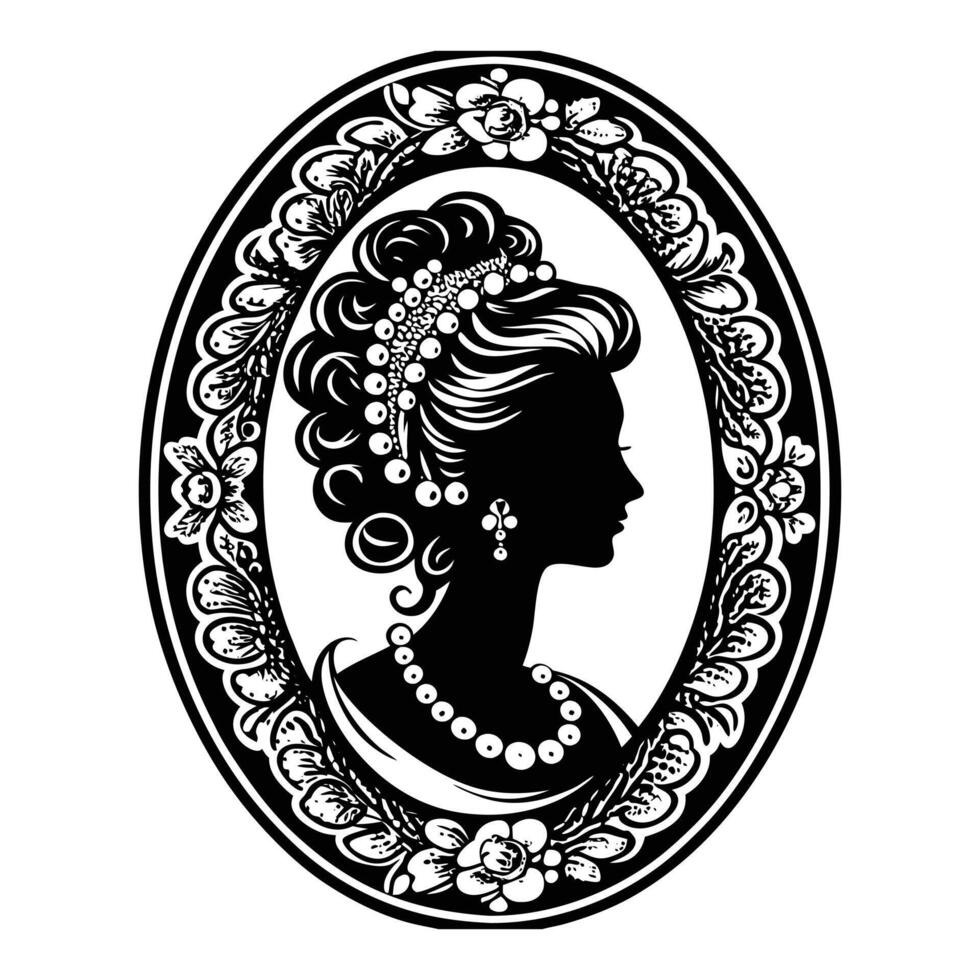 A classic Victorian-era cameo silhouette featuring a lady with an elaborate updo hairstyle adorned with pearls, framed in an ornate oval border with floral patterns vector