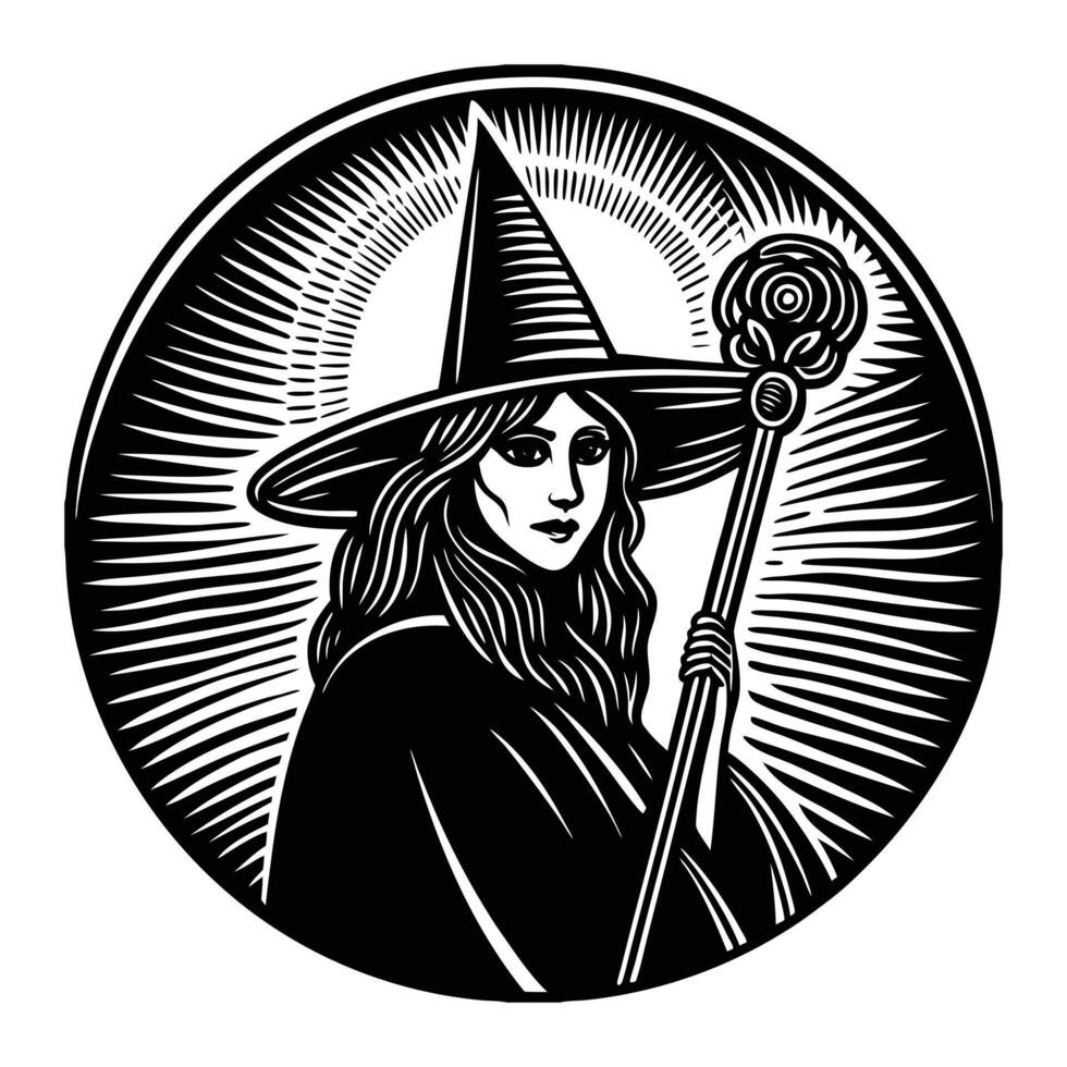 A silhouette of a woman with a pointed hat holding a staff, surrounded by the faint outline of a glowing aura vector