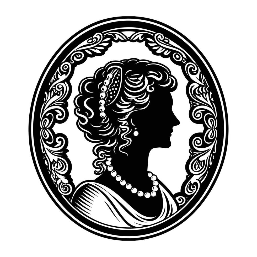 A classic cameo silhouette of a woman with curls cascading down her neck, wearing a pearl necklace, set in a gilded oval frame with baroque flourishes vector