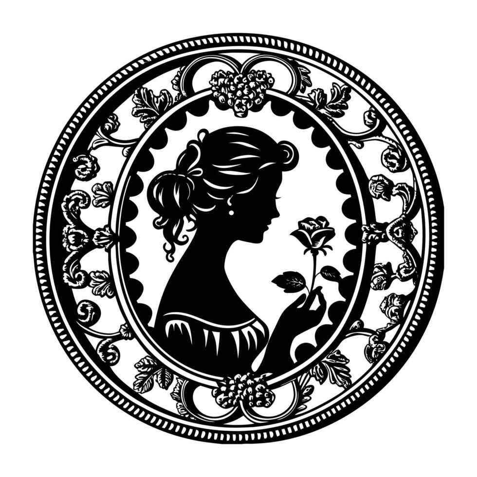 A vintage cameo featuring a silhouette of a woman holding a rose, framed with intricate ivy and vine details vector