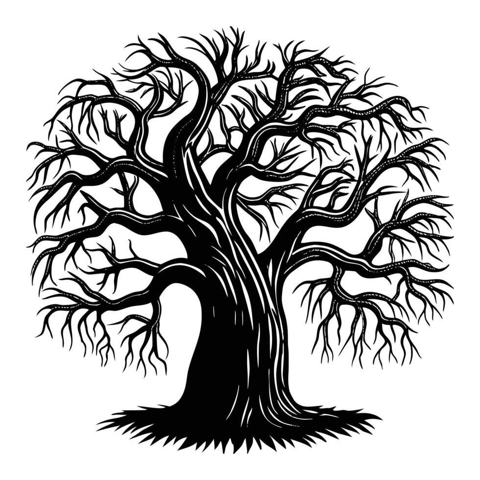 A haunting black silhouette of a dead tree with a crooked trunk and bare, skeletal branches twisting outward. vector