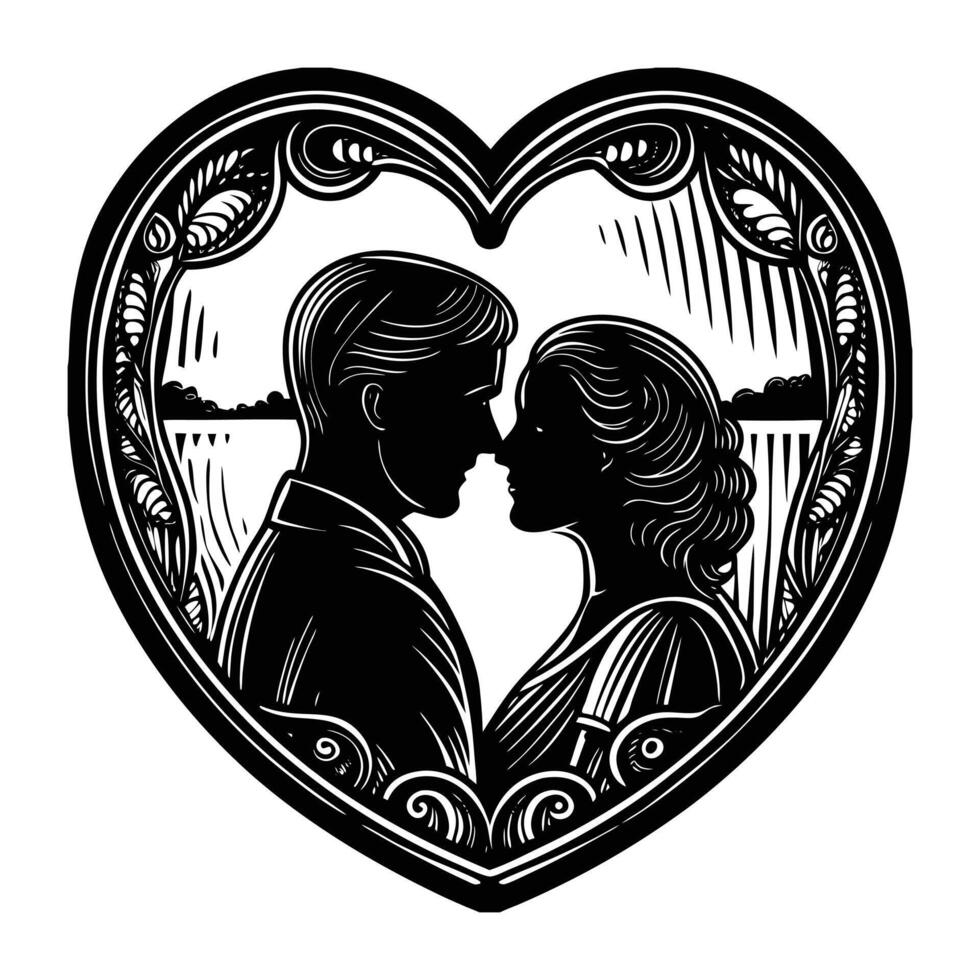 A romantic cameo silhouette of a couple in profile, gazing into each other s eyes, surrounded by a heart shaped vintage frame vector
