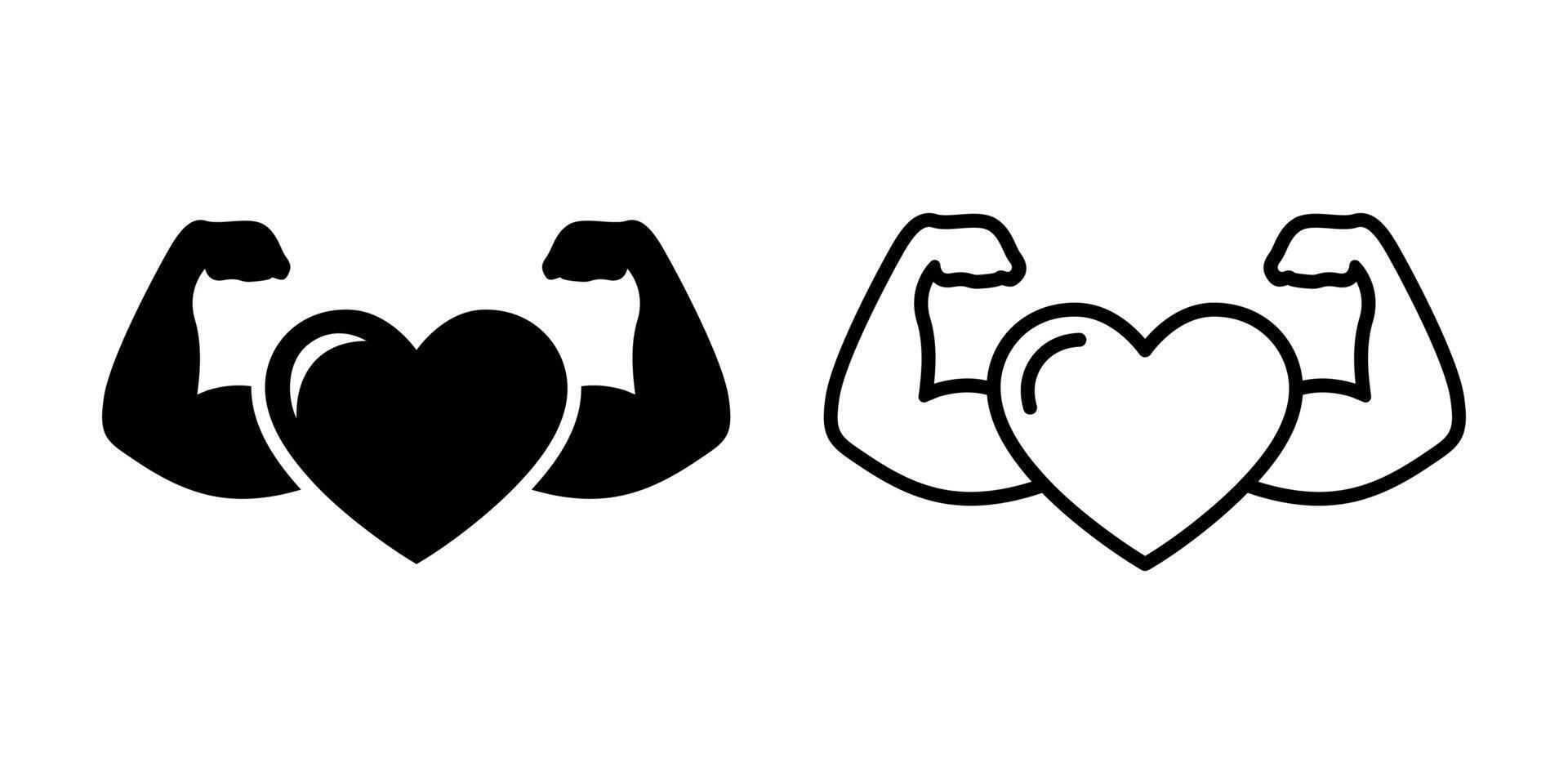 Strong health icon. Strong heart line and flat design. Heart with muscle arms icon. vector