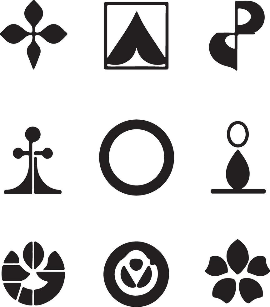 A set of black and white symbols including a cross, a flower, a circle, a star vector