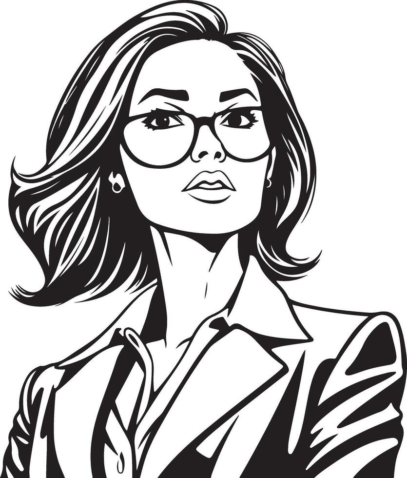 A woman in glasses and a suit is shown in black and white vector