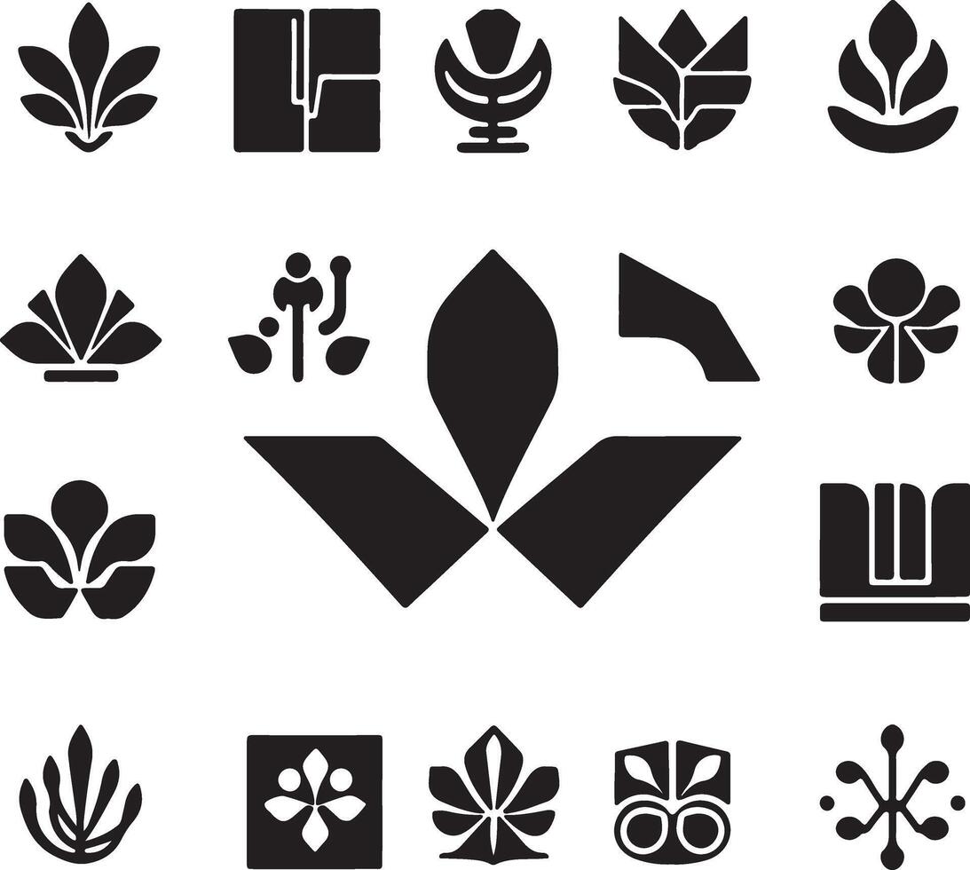 A set of black and white symbols for various plants vector