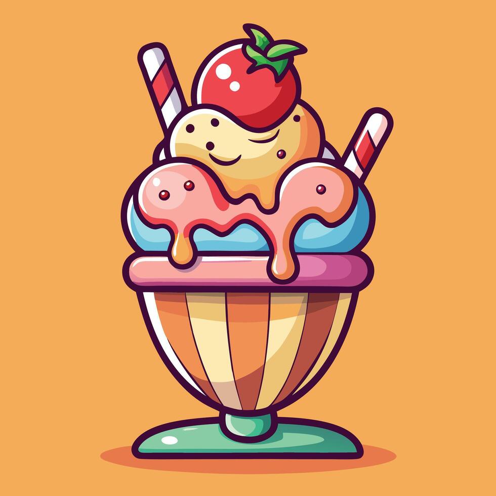 colorful ice cream in a bowl , isolated wooden brown background vector