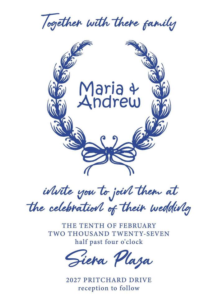 Elegant Floral Wedding Invitation Design with Hand-Drawn Wreath and Script Fonts vector