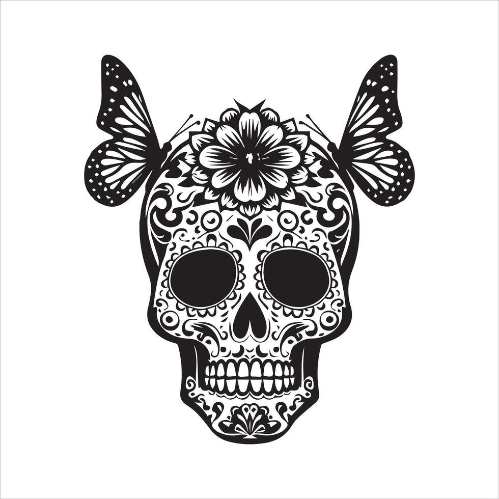 Elegant Sugar Skull with Blooming Flowers Design vector