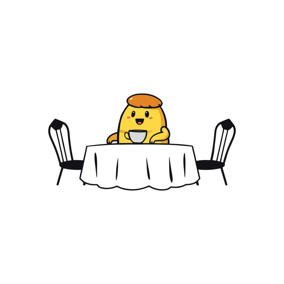Happy Pudding Character Drinking Tea at a Table with Chairs Whimsical Art vector