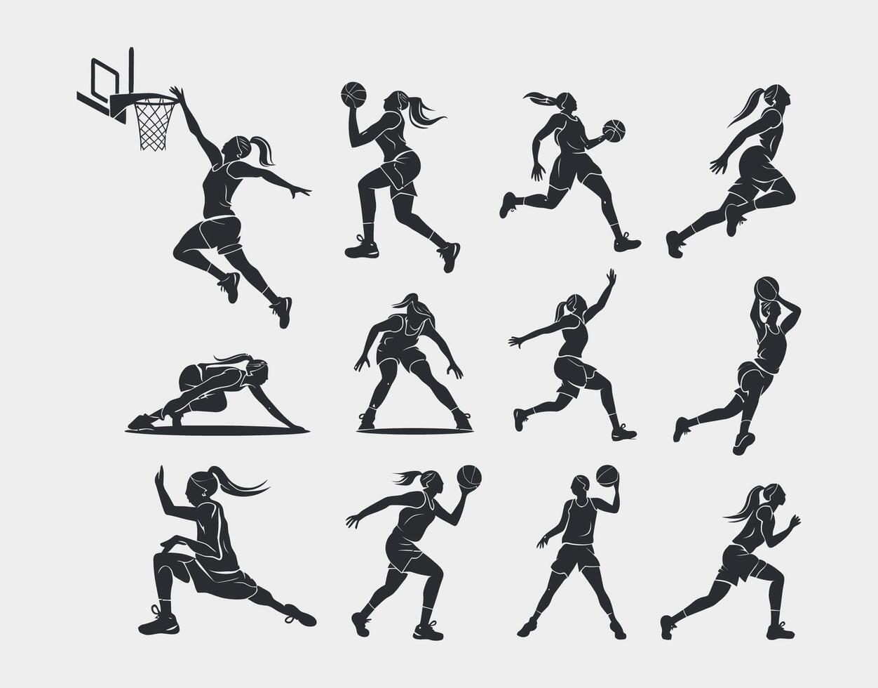 Female Basketball Player Action Silhouette Collection vector