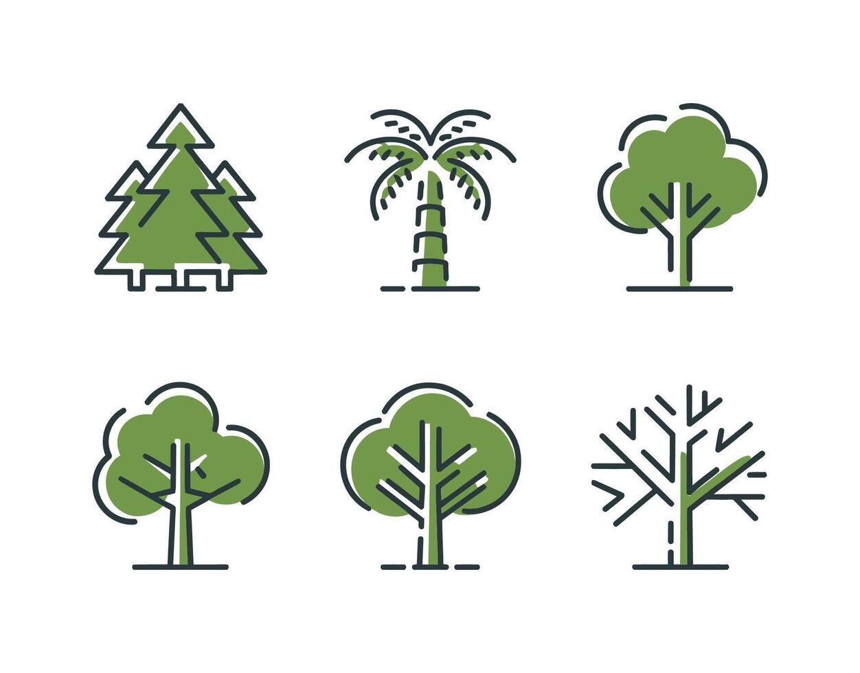 Tree Icons with Thin Outlines Set Template vector