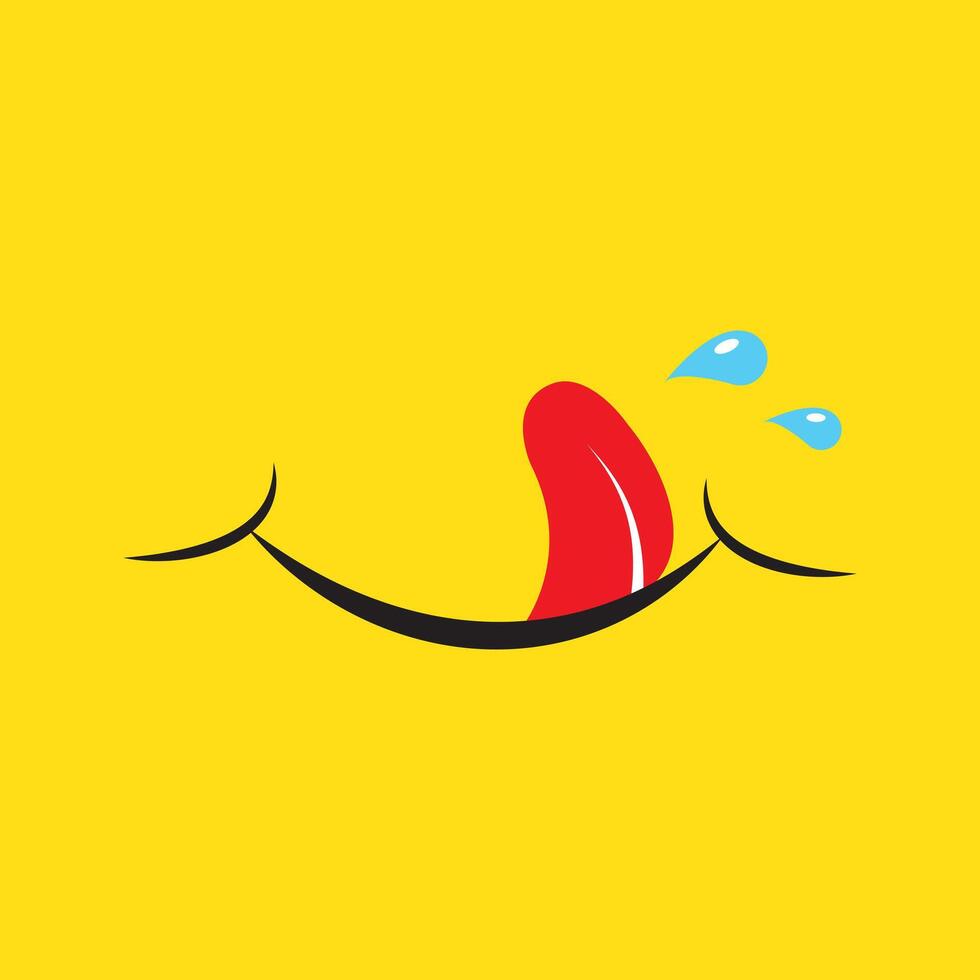 Yummy smile emoticon with tongue lick mouth. Tasty food eating emoji face. Delicious cartoon with saliva drops on yellow background. Smile face line design. Savory gourmet. vector