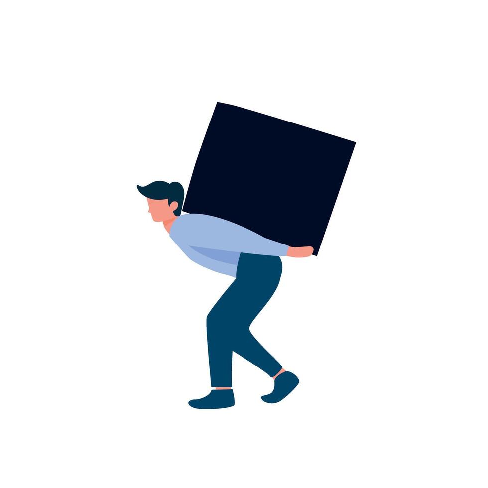 Businessman holding huge stone on shoulders. Sad man carrying heavy rock. Unhappy tired male person with boulder in hands. Duty, debt, difficult, burden, office hardship. Hard work vector