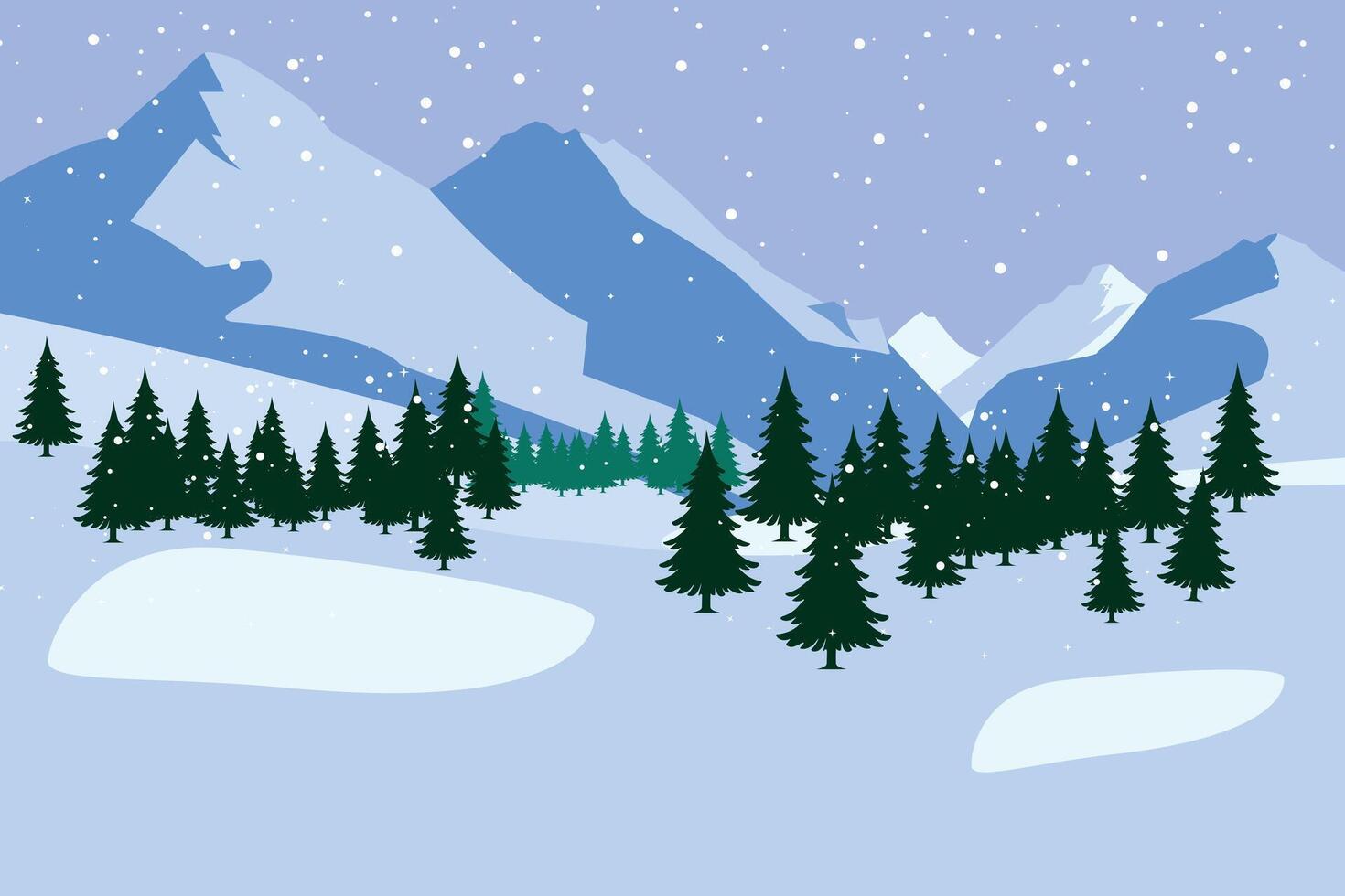 Winter mountains in snowy weather. Winter landscape of a forest against a background of mountains and snow. Winter nature illustration for Christmas design. Hike concept. vector