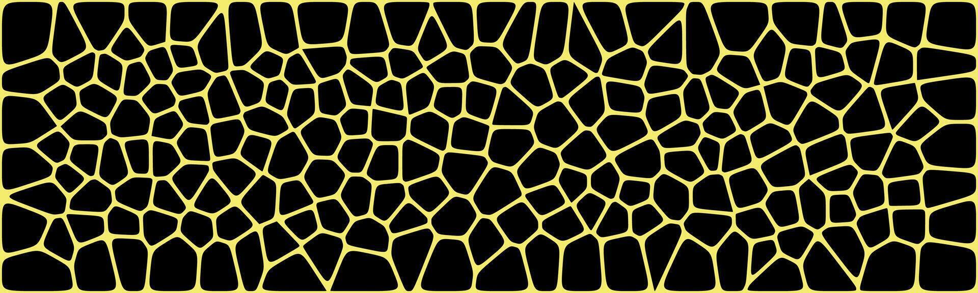 A black and yellow abstract image featuring a pattern of irregular, organic shapes that resemble a honeycomb or a cracked surface. vector
