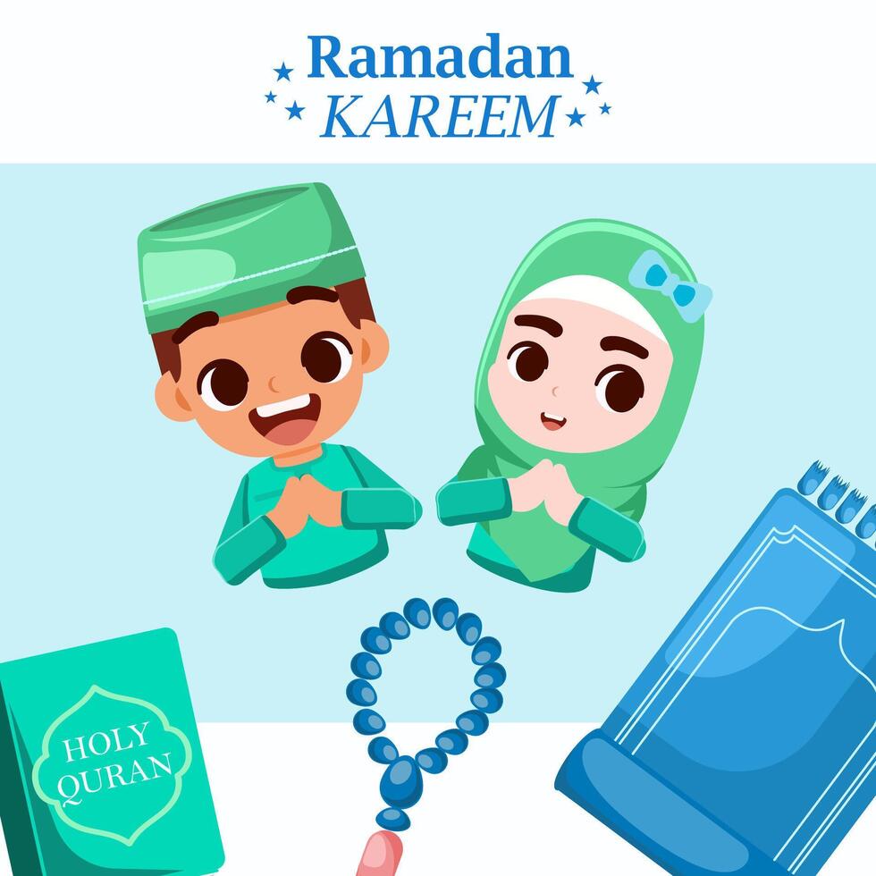 Flat illustration ramadan ornament, holy quran,prayer beads,boys and girl and prayer mat, welcome ramadan vector