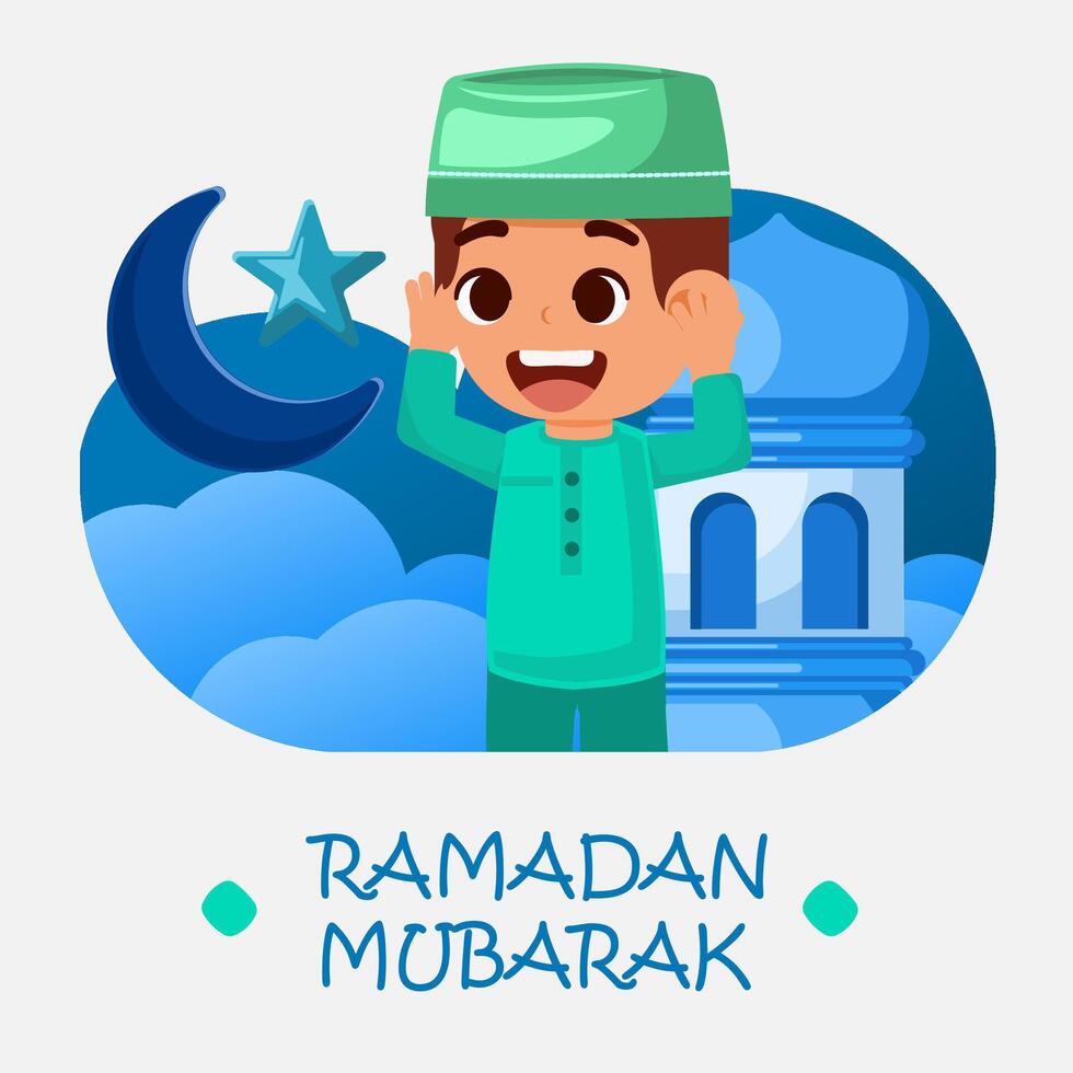 Ramadan kareem greeting card, moslem boy adzan with mosque background vector