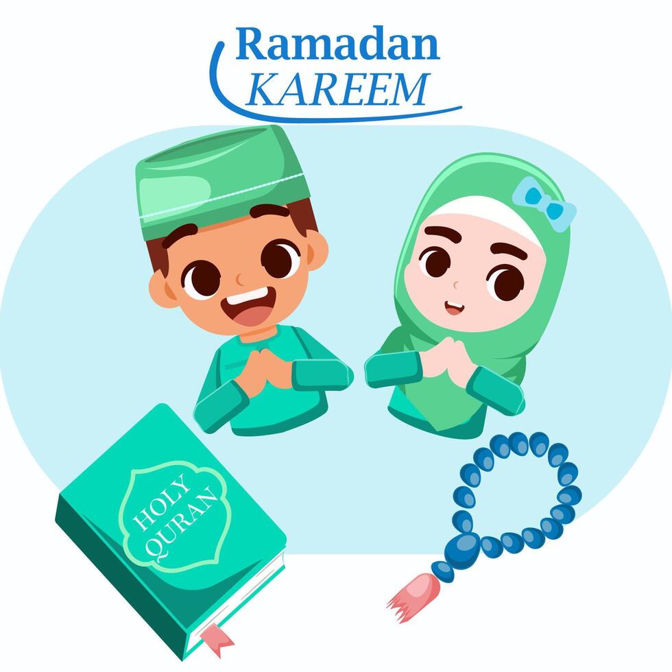 Flat illustration welcome ramadan ornament with boy and girl moslem, holy quran and prayer beads vector