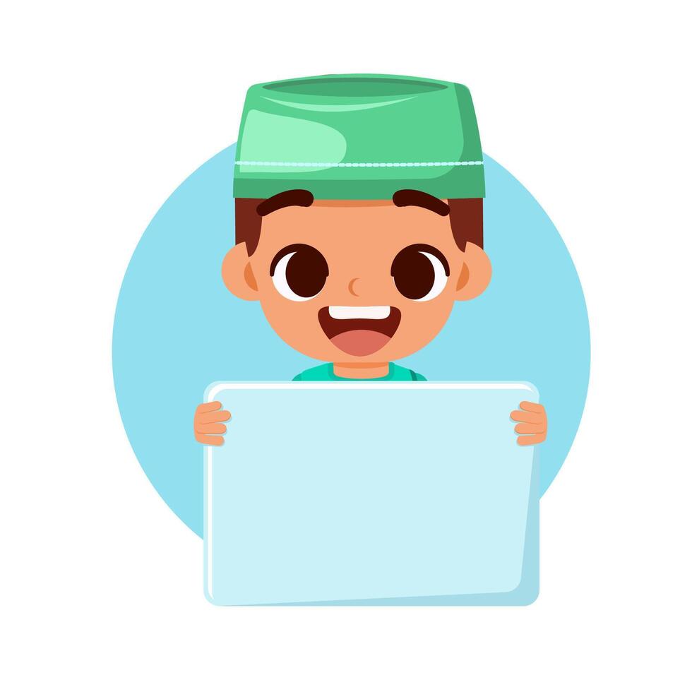Muslim boy is carrying blank paper, cute green boy with copyspace area vector