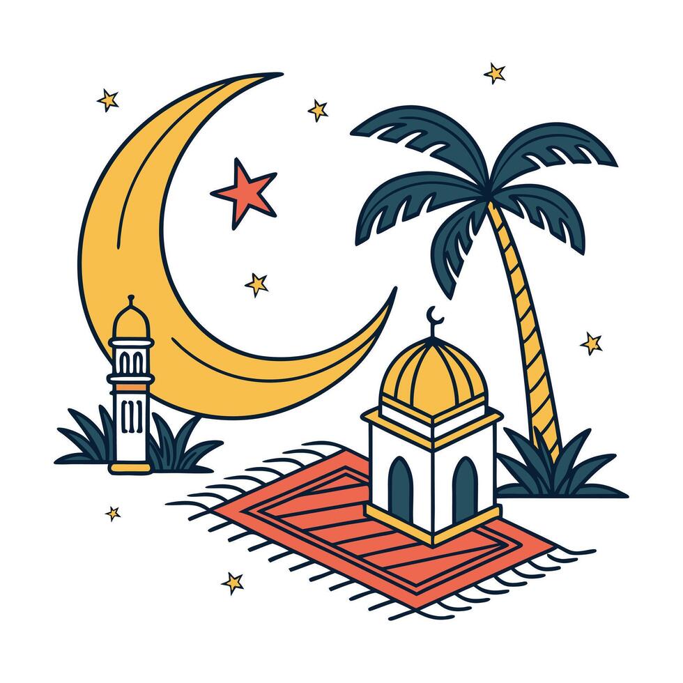A charming, stylized illustration of a mosque, crescent moon, and star. vector