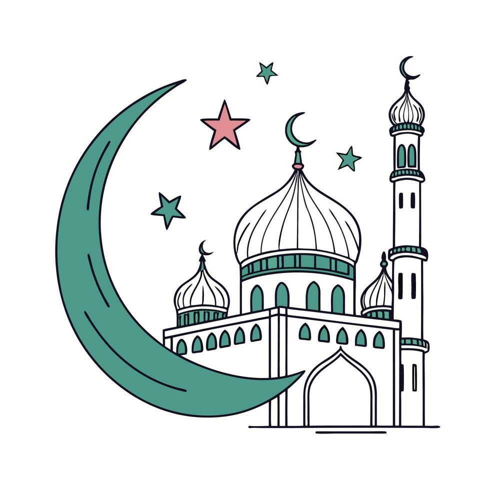 A stylized illustration of a mosque nestled within a crescent moon, perfect for Ramadan or Islamic celebrations. vector