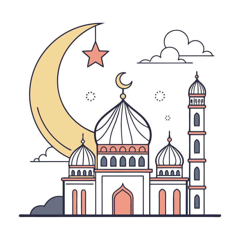A stylized illustration of a mosque nestled within a crescent moon vector