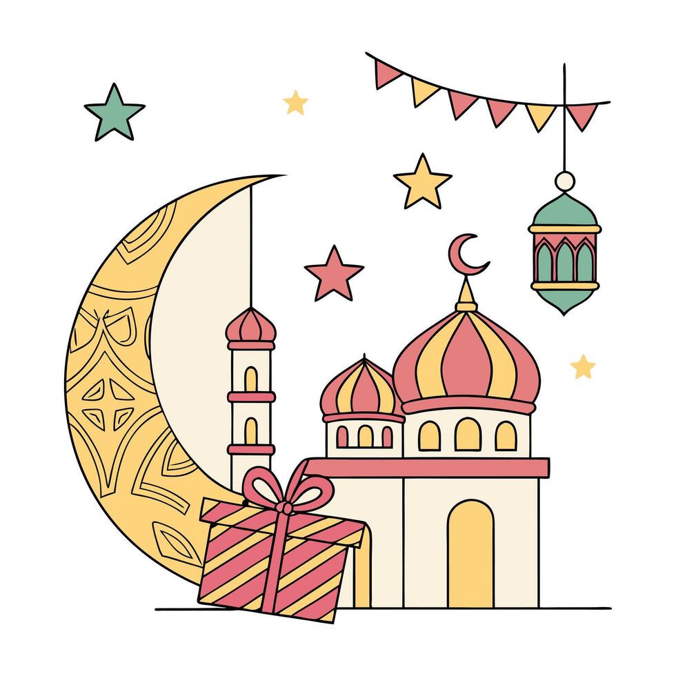 This charming illustration depicts a mosque nestled on a hilltop, bathed in a soft, pastel palette. vector