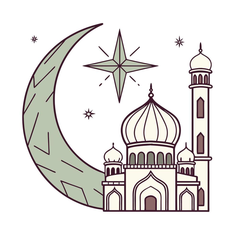 Simple Line Art Illustration of a Mosque Under a Crescent Moon vector