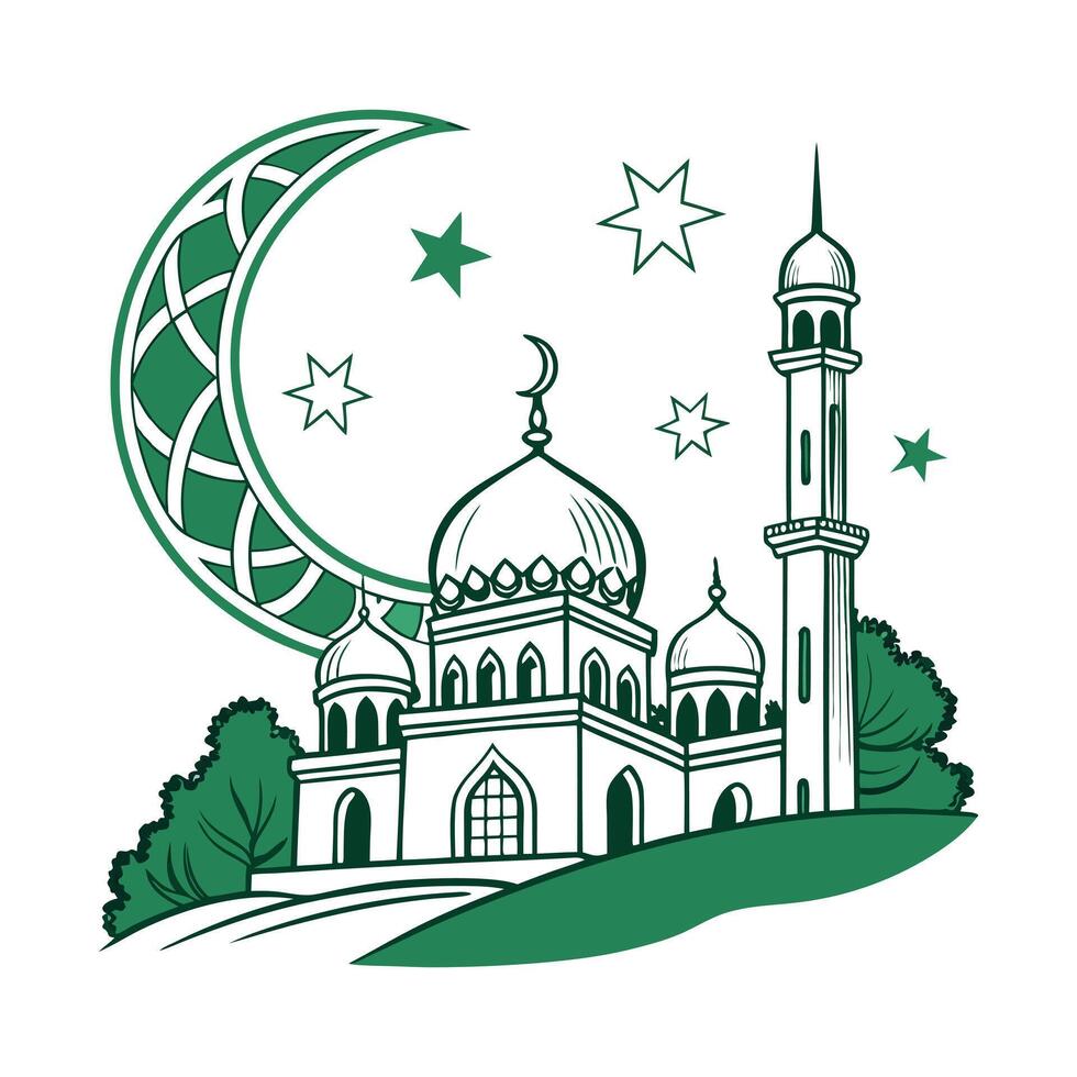 mosque nestled within a crescent moon, perfect for Ramadan or Islamic celebrations. vector