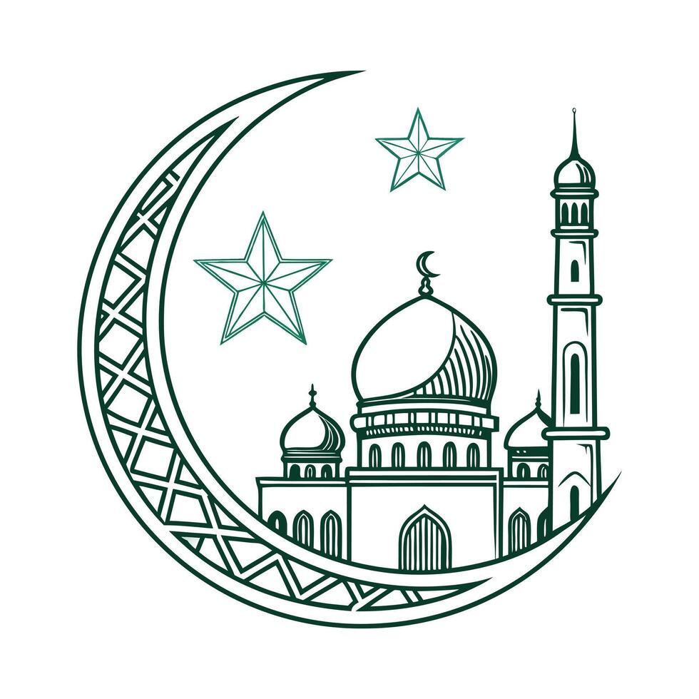 Mosque at Night with Crescent Moon and Star vector
