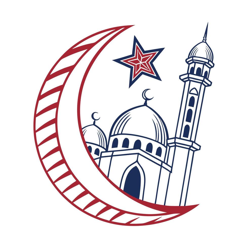 A charming, stylized illustration of a mosque at night vector