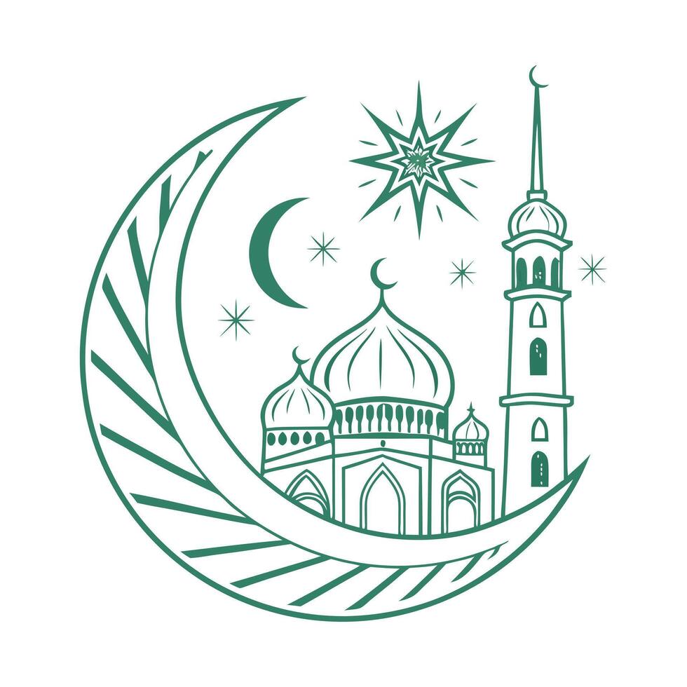 Festive Mosque Illustration with Crescent Moon and Stars for Ramadan green vector