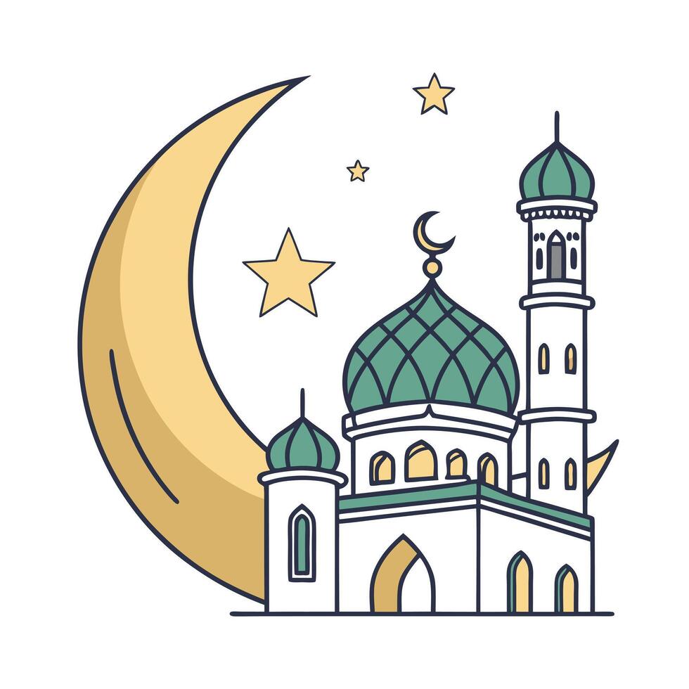 A charming, stylized illustration of a mosque, crescent moon, and star. vector