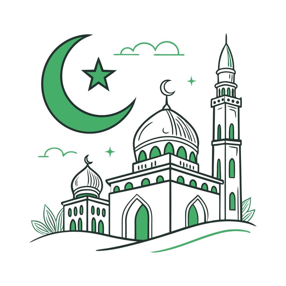 Festive Eid Mubarak Illustration with Crescent Moon and Lanterns vector