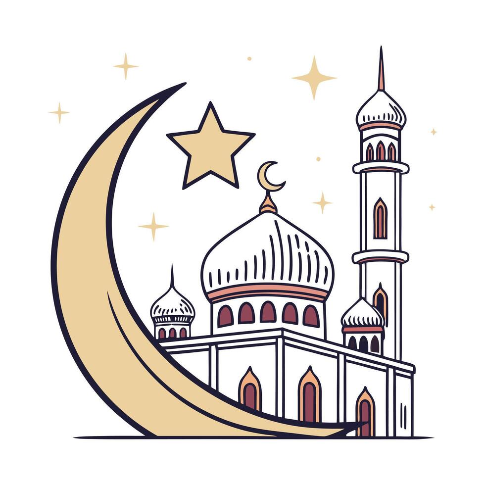 A charming, stylized illustration of a mosque at night, nestled under a crescent moon. vector