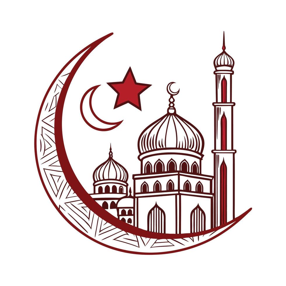 illustration of a mosque under a crescent moon and stars. vector