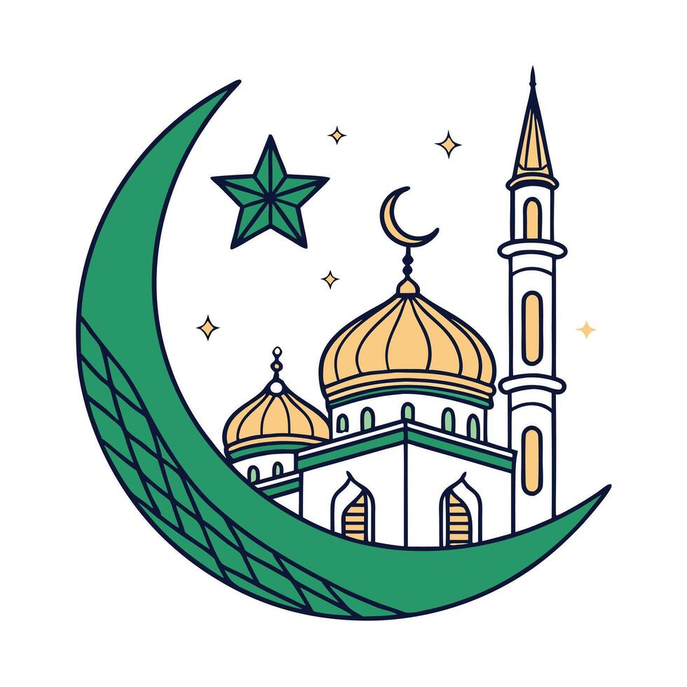 A simple, stylized illustration of a mosque at night, featuring a crescent moon and stars. vector
